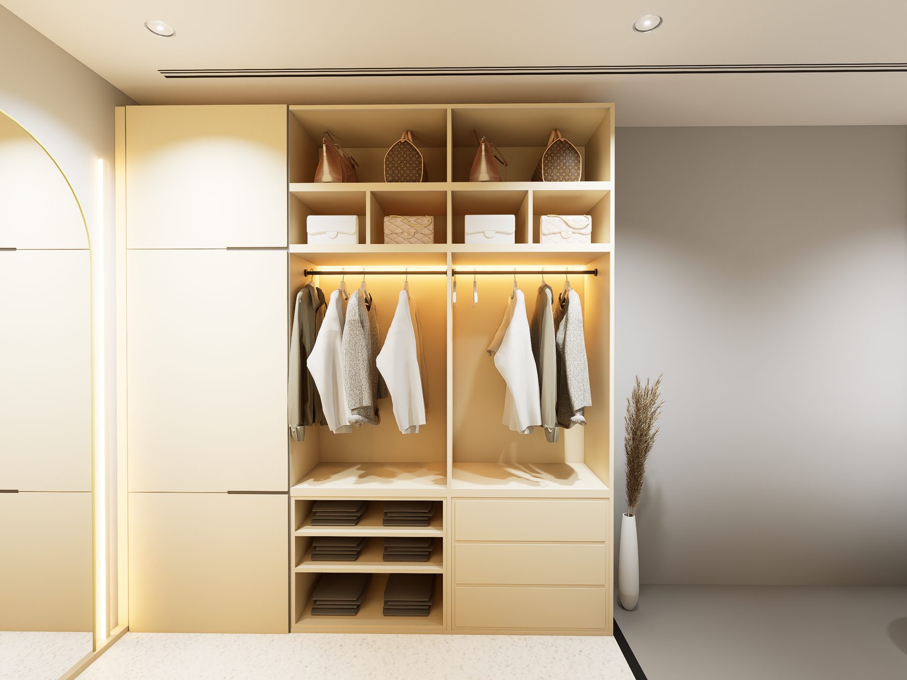 Lemari built-in putih minimalis di sudut kamar tidur