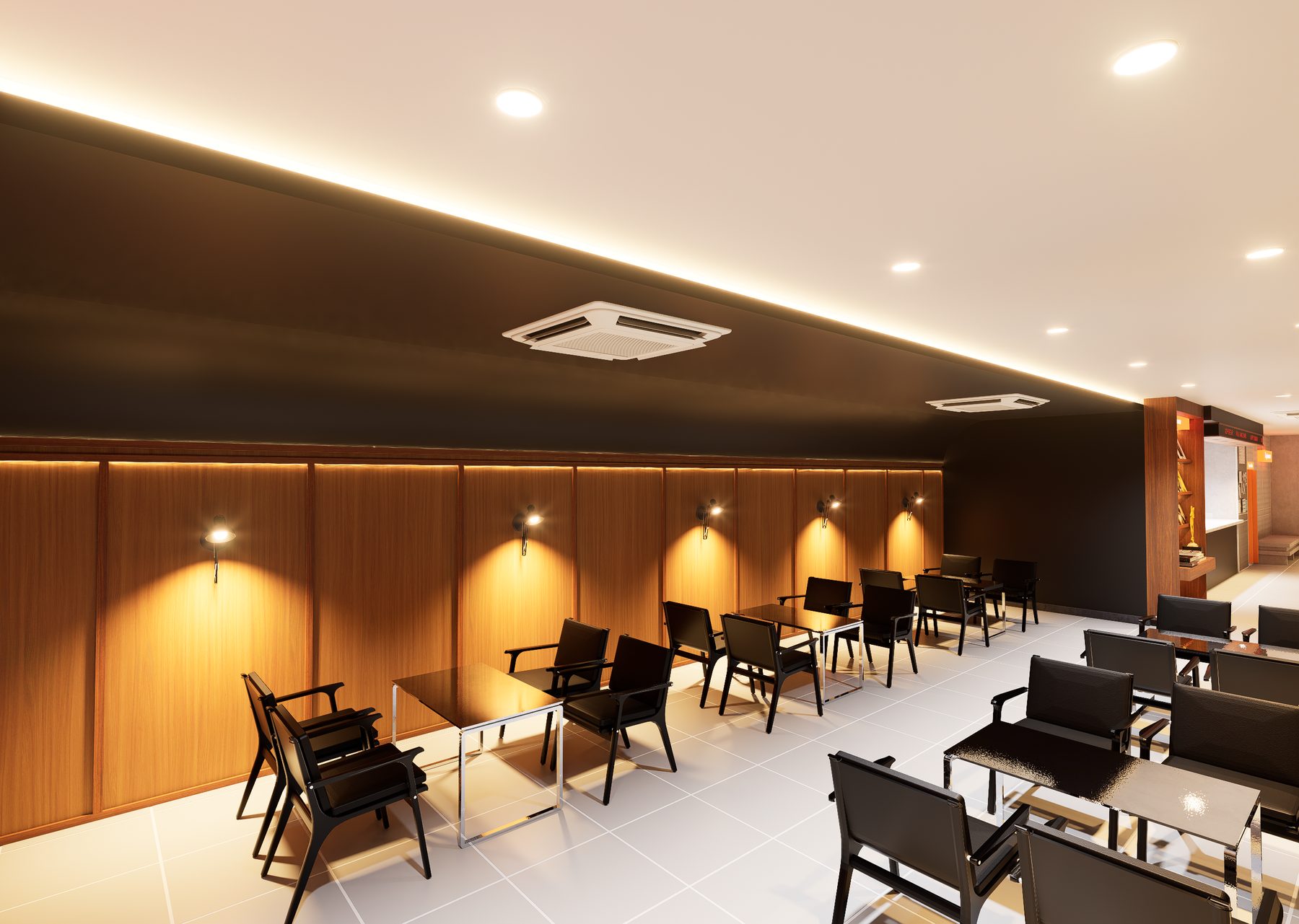 Interior kafe dengan panel kayu hangat dan pencahayaan ambient
